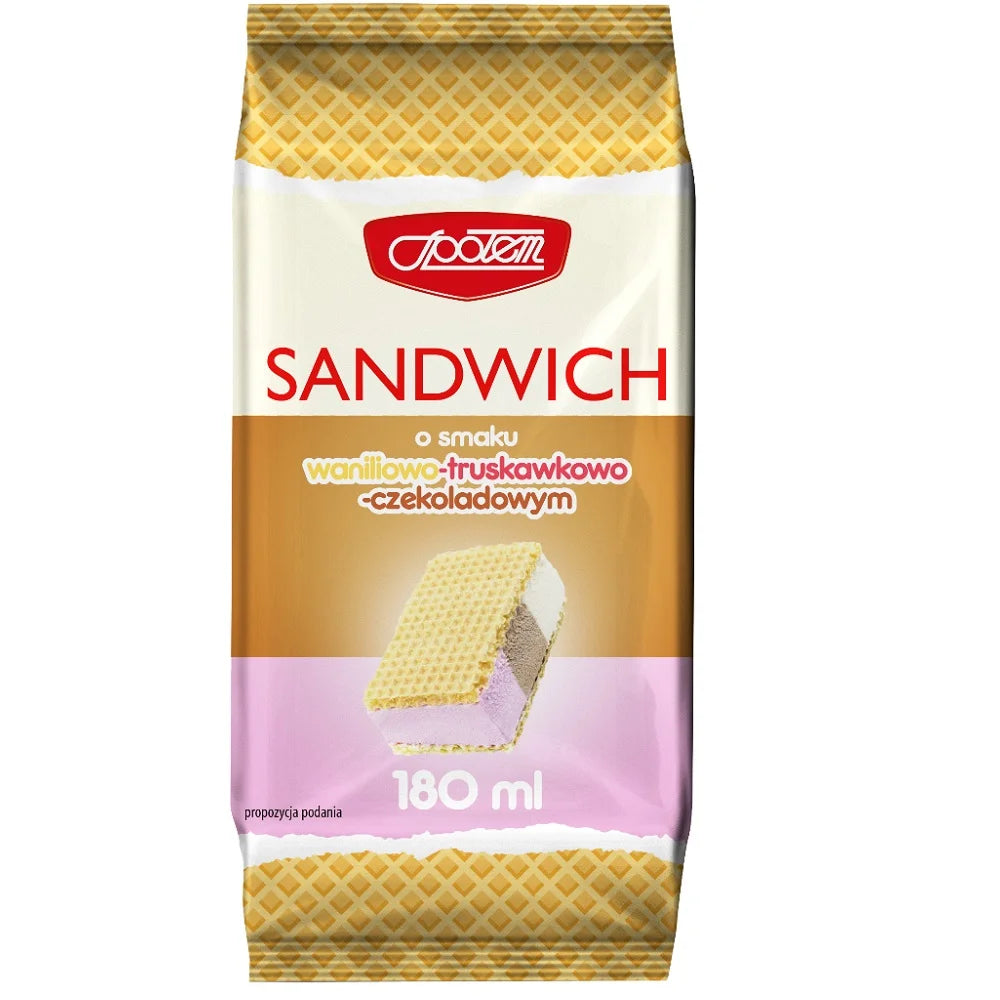 Lody sandwich o smaku waniliowo-truskawkowo-czekoladowym 180ml MW Społem